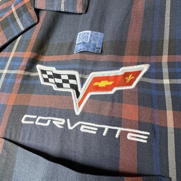 Corvette Shirt Mens XXL Blue Plaid Short Sleeve Button Up Camp GM Official New - Picture 5 of 5